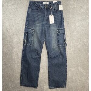 Flying Angel Cargo Straight Leg Jeans Size 11/30 Dark High Rise Relaxed Grunge